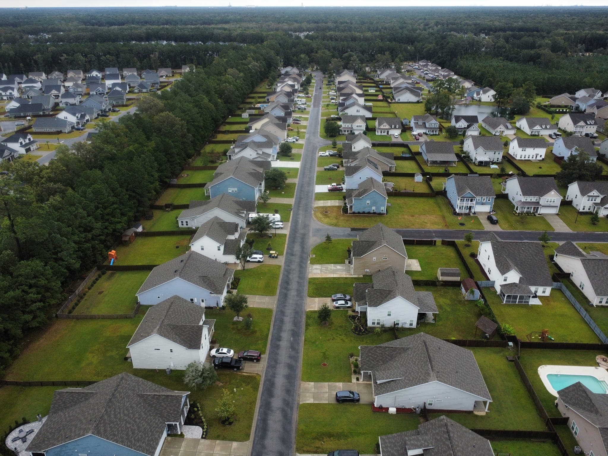 Aerial view down a Strawberry Station street